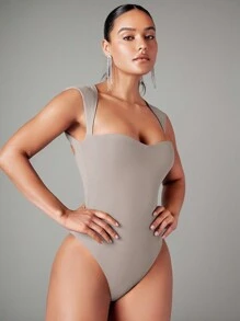 Silquee Solid Sweetheart Neck Bodysuit - Grey - View 2