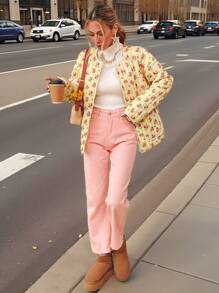 SHEIN VCAY Áo khoác dáng rộng họa tiết hoa nhí, khóa kéo, thích hợp mặc mùa thu, dành cho nữ, thích hợp cho Lễ Tạ ơn, Ngày Valentine, Thu/Đông, Giáng sinh, Thu Đông 2024, Áo khoác chần bông cho nữ dịp Lễ Tạ ơn, ấm áp, giữ nhiệt, thích hợp cho thời tiết lạnh, thích hợp cho đêm giao thừa, thích hợp cho thời trang đường phố. - Màu vàng - Xem 2