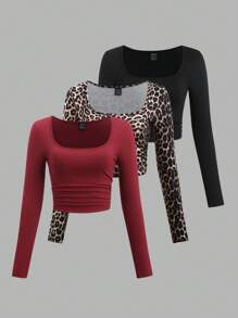 SHEIN Unity 性感方领褶皱修身 Y2K 豹纹休闲长袖 T 恤图案猎豹印花 T 恤女式春季上衣