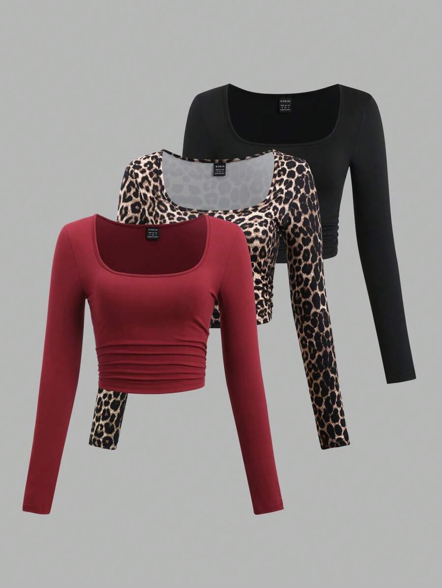 SHEIN Unity 性感方领褶皱修身 Y2K 豹纹休闲长袖 T 恤图案猎豹印花 T 恤女式春季上衣