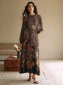 Anewsta Elegant Modern Women's Floral & Leopard Print Pleated Lantern Sleeve Dress, Suitable For New Year Eve - Black - View 3