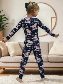 Young Girl Snug-Fit Unicorn Glow-In-The-Dark Print Pajama Set, Navy Blue, Long Sleeve Shirt & Trousers - Navy Blue - View 2
