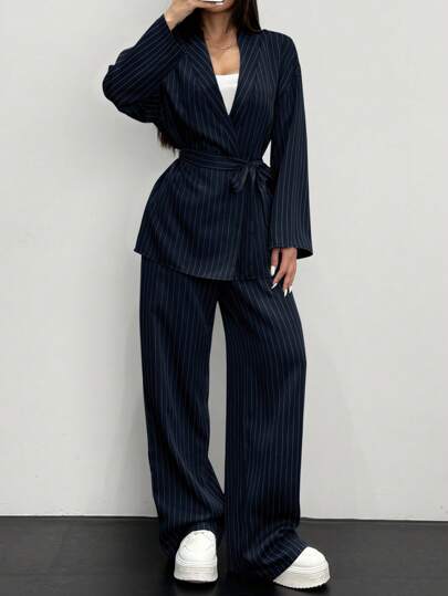Siren Gaze Women Fashion Striped Wrap Jacket And Casual Pants 2 Pieces Set, Office Business Commute Suit, Grey In Fall/Winter Blue