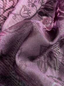 Soleia 节日季女式复古印花V领系带蝴蝶结喇叭袖不对称下摆上衣，秋冬女装，感恩节女装，圣诞节女装 - 紫色 - 查看 7