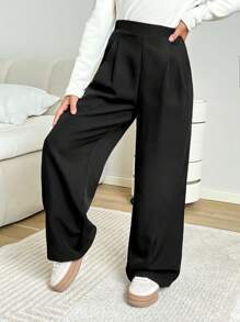 Tween Girls' Casual Solid Color Wide Leg Long Pants - Black - View 3