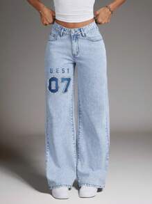 SHEIN EZwear 单面数字印花低腰破洞牛仔阔腿牛仔裤 - 淺色水洗藍 - 查看 1