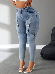 SHEIN SXY Plus Size Damskie Elastyczne Niebieskie Stylowe Guziki Projekt Skinny Jeans - Niebieski - Zobacz 5