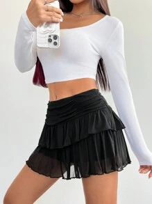 SHEIN Unity Women Casual Solid Color Ruffled Hem A-Line Skirt Mini Short Women - Black - View 3