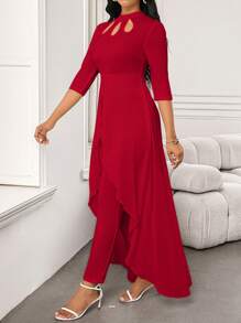 女式白色优雅花瓣镂空设计中袖不对称下摆连体裤 - 紅色 - 查看 3