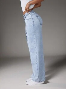 SHEIN EZwear 单面数字印花低腰破洞牛仔阔腿牛仔裤 - 淺色水洗藍 - 查看 4