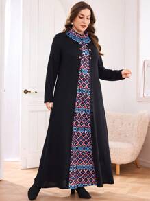 Mulvari Plus Size Women Geometric Print Mock Neck Long Sleeve Dress Maxi Women Outfit - Multicolor - View 3