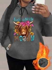 Calvaya 大码女式印花抽绳连帽宽松长袖休闲卫衣，秋季套头衫 - 深灰色 - 查看 1