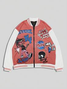 ROMWE MEN Street Life Chaqueta de béisbol de manga larga con estampado de letras y personajes de dibujos animados para hombre, estilo callejero, para otoño - Multicolor - Ver 3