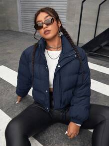 SHEIN EZwear Plus Size Women Solid Color Casual Short Padded Coat, Warm Winter Version - Navy Blue - View 4