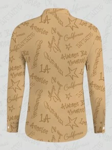 Manfinity Homme 时尚休闲卡其色全身字母印花图案彩色修身常规肩长袖纽扣衬衫男士度假 - 白色 - 查看 4