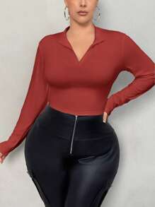 SHEIN SXY 春夏高领半拉链短款白色长袖T恤 - 紅色 - 查看 4