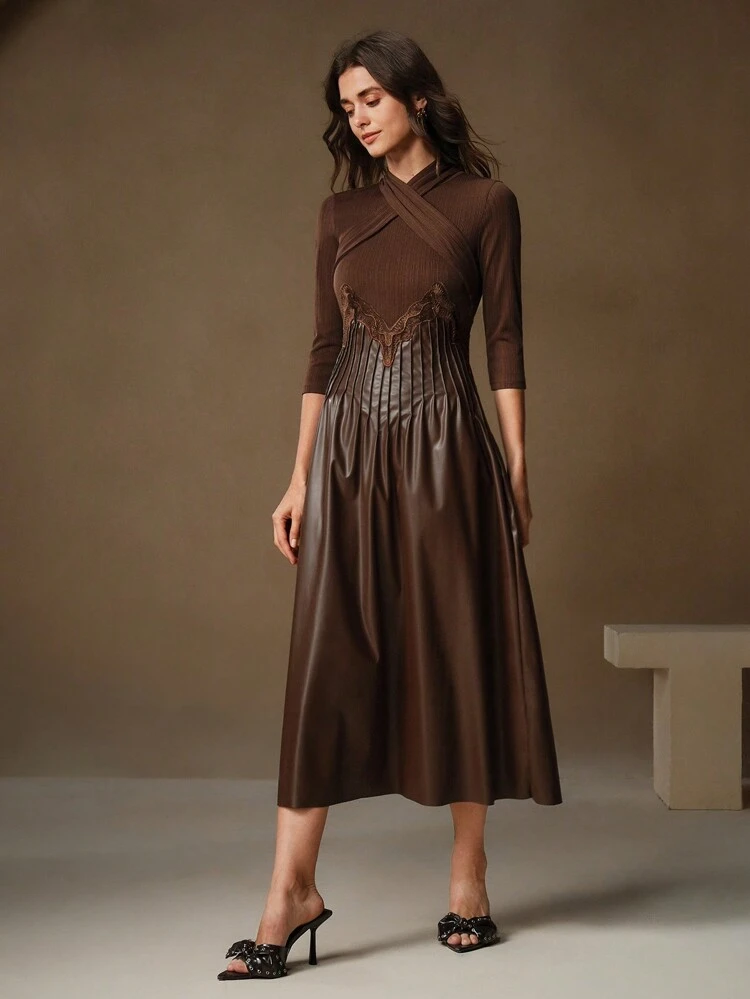 V-Neck Criss-Cross A-Line Mid-Length Dress, Minimalist Fashion Casual Everyday Maxi Women Outfit