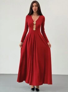Aloruh Women's Deep V-Neck Hollow Metal Flower Decor A-Line Elegant Dress