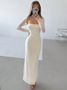 Aloruh 1 pieza Vestido ceñido de manga larga con detalles de malla transparente en color albaricoque para mujer, romántico para una cita