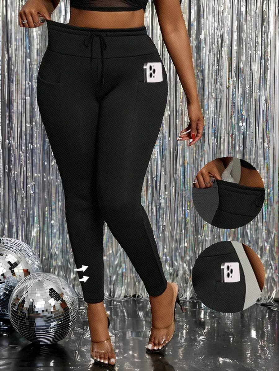 Slaydiva Plus Size Women's Solid Color Drawstring Waist Slim Fit Thermal Lined Casual Leggings - Black - View 1