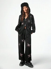 SHEIN EZwear 1 件女式休闲骷髅图案前拉链长袖运动衫 - 黑色 - 查看 7
