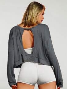 VARSITIE T-shirt casual de fitness à manches longues et encolure ras-du-cou, épaules tombantes, dos ajouré, pour femme