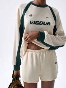 VARSITIE Moletom feminino com capuz, cor sólida, painel, gola redonda, manga comprida, estampa de letras, moletom esportivo casual - Multicolorido - Ver 1