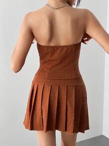 VaVaBold 2pcs/Set Women's Fashion Sexy Office Outfit - Button-Up Collar Asymmetrical Fitted Camisole Top And Pleated Skirt New Years Off The Shoulder Tube Tops Club Holiday Party Outfits Women
