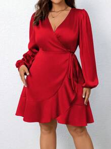 SHEIN Clasi 大码纯色灯笼袖侧系带装饰缎面长袖连衣裙，适合新年穿着 - 紅色 - 查看 6