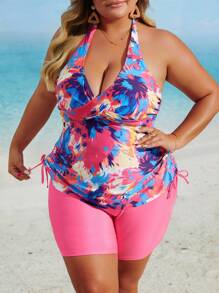 Swim Lushoire Plus Size Estampa Aleatória Halter Neck Shorts E Regata Conjunto De Biquíni Verão