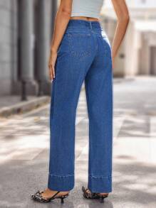 SHEIN Essnce 女士休闲洗水系腰直筒牛仔裤 - 藍色 - 查看 2