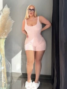 SHEIN SXY Plus Size Women's Autumn And Winter Comfortable And Casual Pink Short Plush Jumpsuit And Long Cardigan Skirt Two-Piece Set