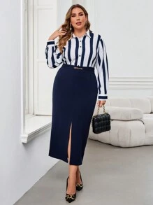 SHEIN Clasi Plus Size Casual Color Blocking Striped Shirt, Autumn - Black and White - View 3