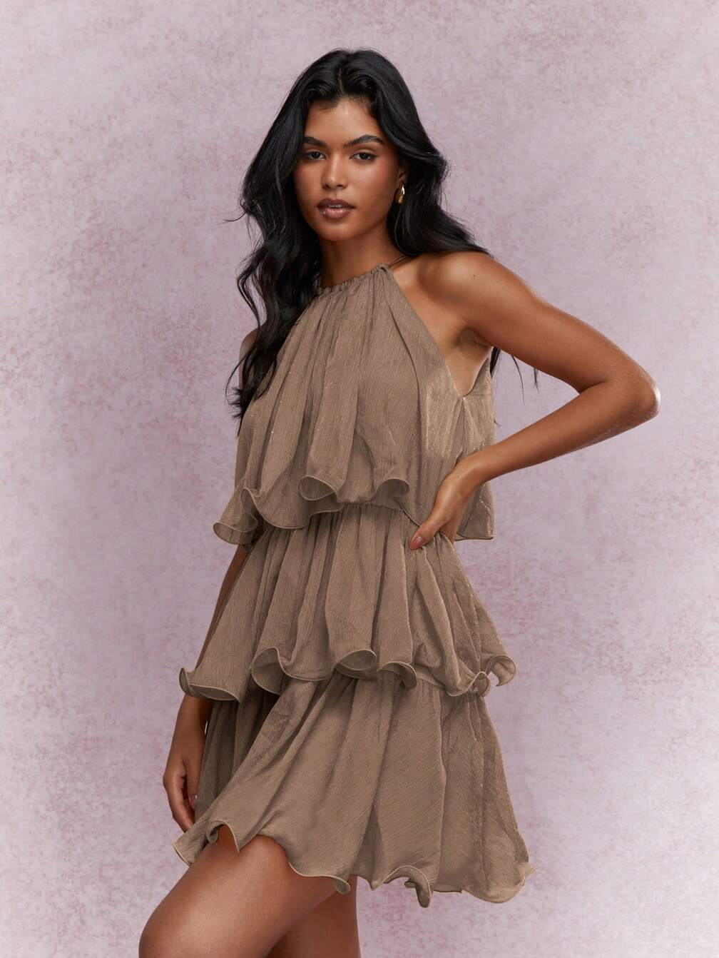 MISSGUIDED Elegant Tiered Ruffle Mini Dress Halter Neck Flowy Pleated Design Evening Party Wedding Guest Spring Summer Occasion Wear,M
