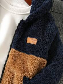 SHEIN 男童休闲可爱贴花撞色拼接蓬松连帽拉链加厚保暖夹克 - 彩色 - 查看 4