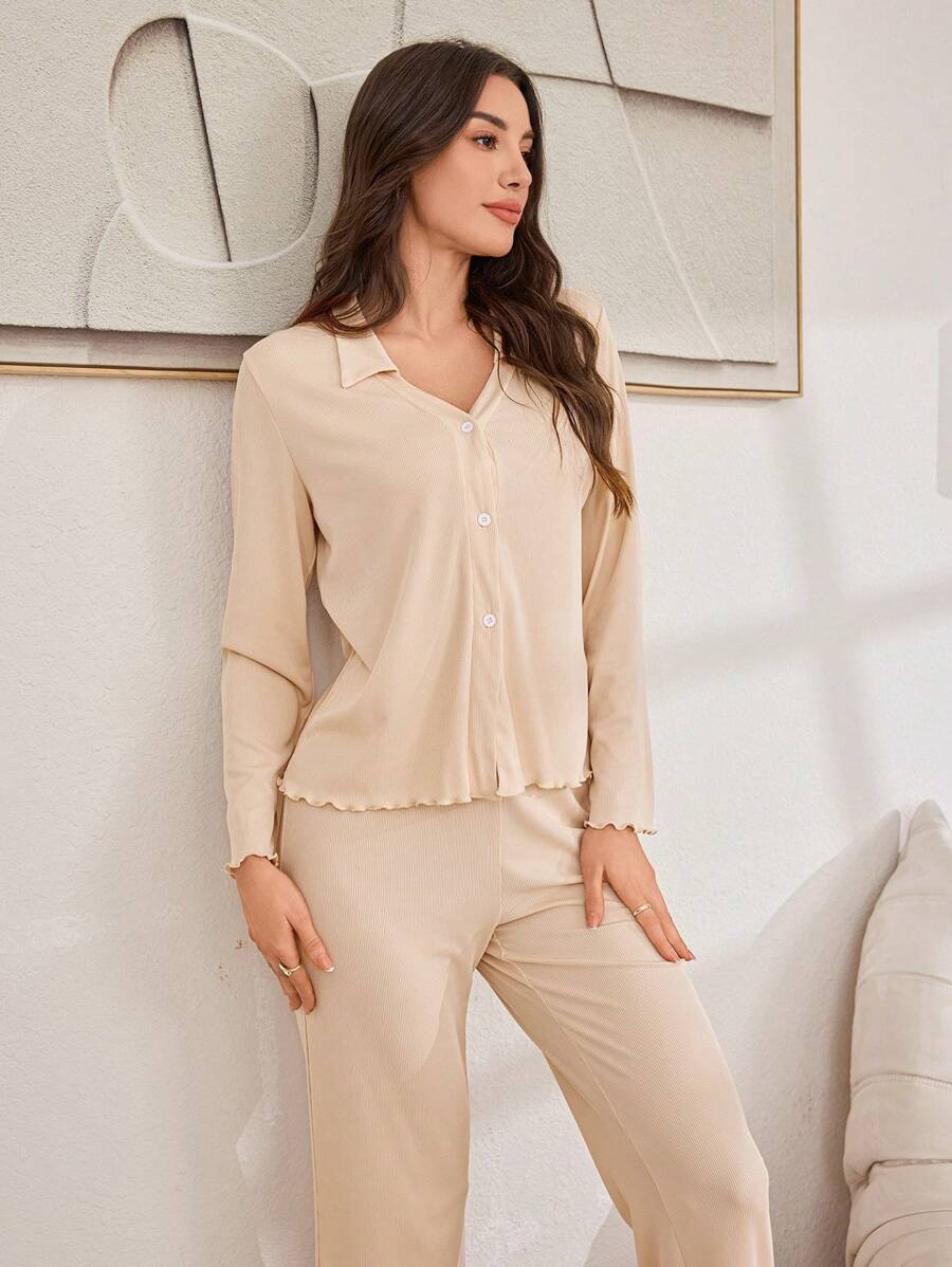 Bộ đồ mặc nhà giản dị có cổ dành cho nữ, áo dài tay tối giản và thời trang cùng quần dài để mặc hàng ngày - Màu be - Xem 1