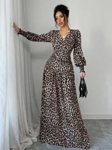 Rafferiza French Leopard Print Woven V-Neck Cross Design Lantern Sleeve Ruffle Drawstring Long Sleeve Autumn/Winter Dress For Women Maxi Women Outfit Fall Cloth For Women - Multicolor - View 4