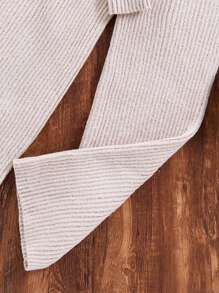 SHEIN Tween Girls Light Khaki Casual Comfortable Knitted Ribbed Button-Up Cardigan & Wide Leg Pants Set, Soft Light Khaki,In Fall/Winter - Khaki - View 5