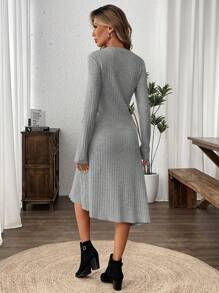 SHEIN LUNE 女士休闲纯色侧抽绳中长连衣裙，秋冬 - 灰色 - 查看 2