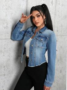 SHEIN PETITE Women's Single-Breasted Long Sleeve Denim Jacket With Fringe Trim, Autumn