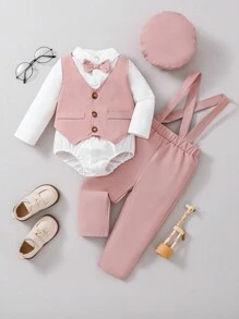 Souflis Souflis 4-teiliges Set Baby Jungen Gentleman Stil Fliege Hemd, Hosenträger, Hose, in Khaki Farbe, leicht für Herbst/Winter - Altrosa - Übersicht 5