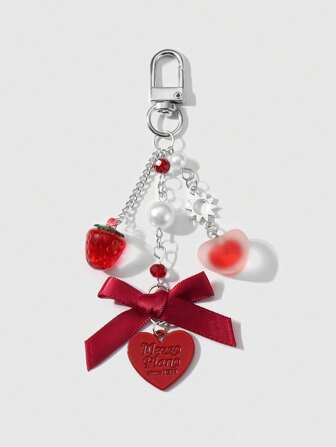 Kawaii 1 pezzo Ciondolo portachiavi elegante e versatile in stile accademico coreano in argento, con catena cava, piccole perle finte, fiocco rosso e ciondolo a forma di fragola e lettera, adatto per uso quotidiano di donne e ragazze, come regalo per le vacanze