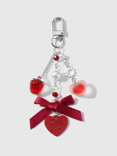 Kawaii 1 pezzo Ciondolo portachiavi elegante e versatile in stile accademico coreano in argento, con catena cava, piccole perle finte, fiocco rosso e ciondolo a forma di fragola e lettera, adatto per uso quotidiano di donne e ragazze, come regalo per le vacanze