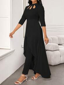 SHEIN Lady 女士时尚优雅花瓣镂空设计中袖不对称叶形下摆连体裤 - 黑色 - 查看 3