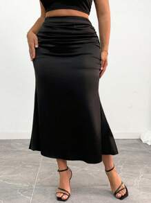 SHEIN CURVE+ Chân váy Maxi dài màu trơn đơn giản cỡ lớn, dáng dài, dành cho mùa thu - màu đen - Xem 1