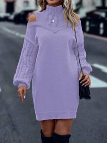 SHEIN LUNE Đầm len dệt kim dài tay cổ lọ màu trơn khoét lỗ thanh lịch - Màu tím hoa cà - Xem 3