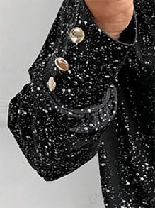 EMERY ROSE LUNE Draped Collar Pleated Glittery Long Sleeve T-Shirt Women Tops For Spring Fall - Black - View 8