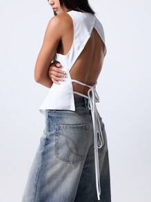 LYSMO Women's Sexy Street Casual Solid Color Backless Tied Wrap Button Asymmetrical Hem Tank Top, Summer - White - View 4