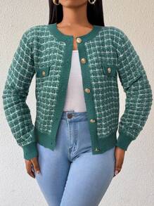 SHEIN Lady 秋冬开衫毛衣女装秋季女装秋季女装秋装简约工作办公室优雅办公装女教师服毛衣圆领拼色金属纽扣女士开衫 - 綠色 - 查看 6