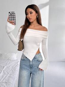 Flirla Casual Off-Shoulder Side Slit Sweater